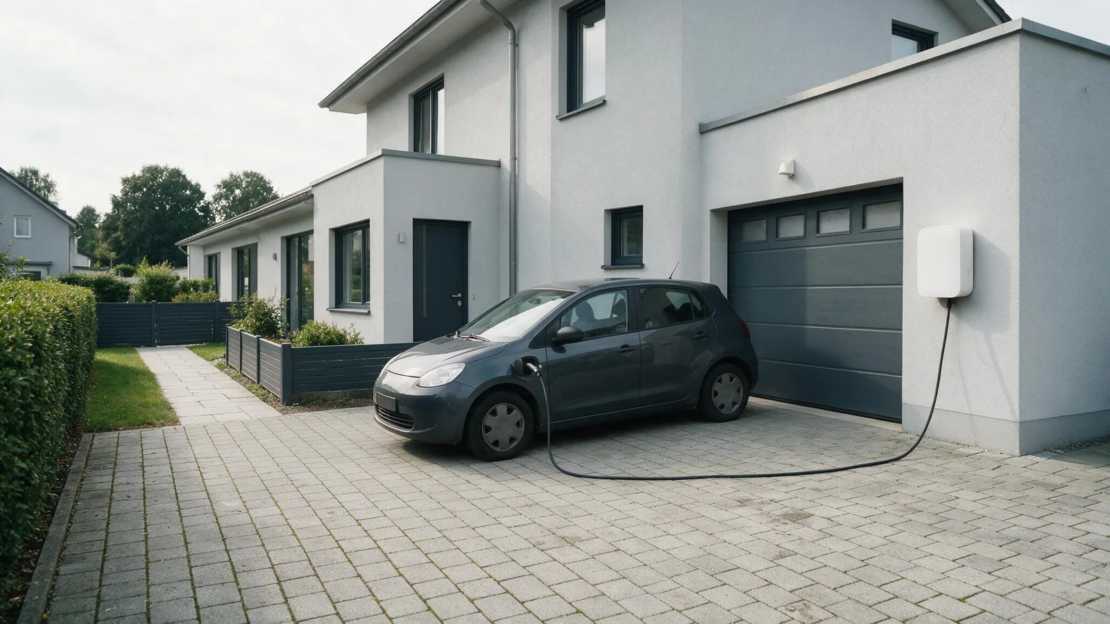 Wallbox an einer Garage eines Einfamilienhauses mit ladendem E-Auto